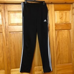 Black and white Adidas athletic track pants